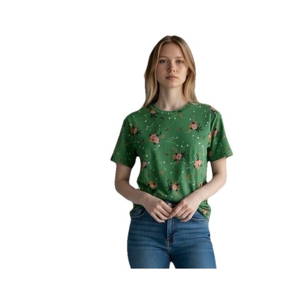 & Other Stories Baby Tee T-shirt Women's US Size 10 Medium Green-Multi Floral - Picture 1 of 11